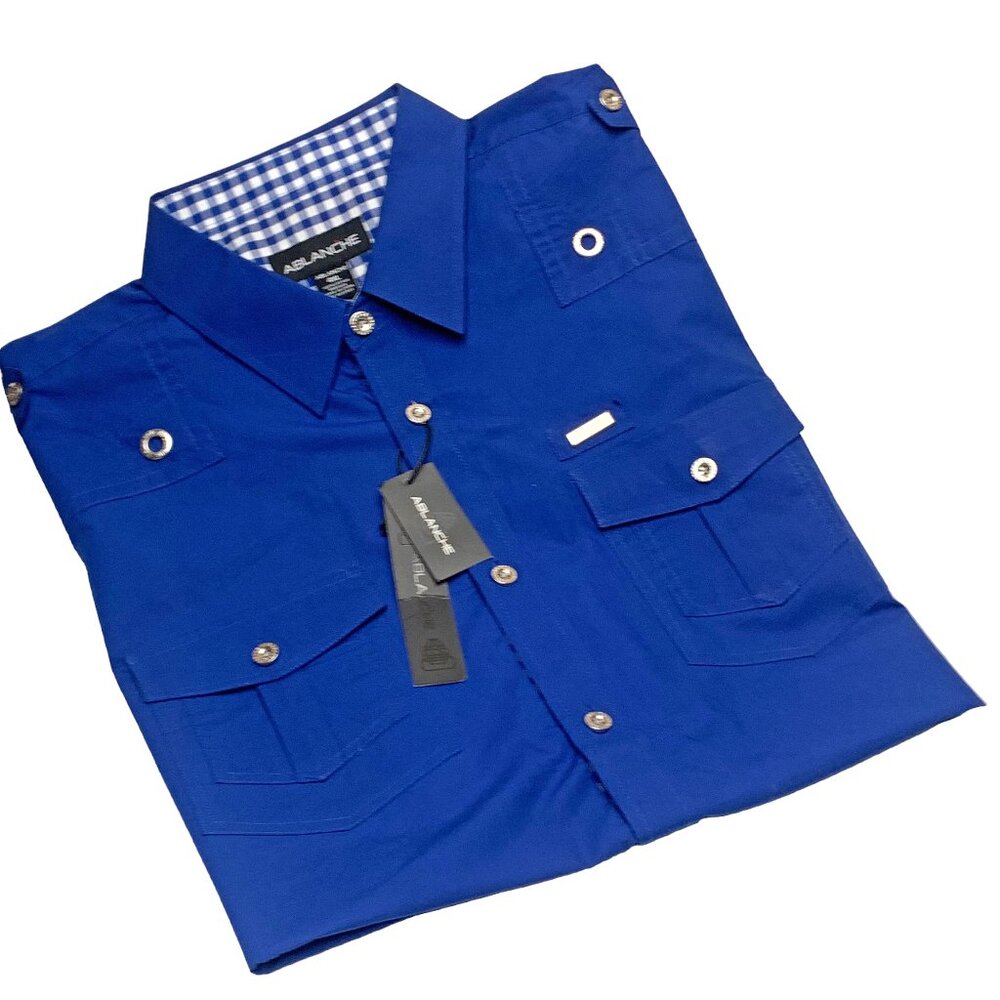 Retro Ablanche Royal Blue Long Sleeve Button Up Shirt‎